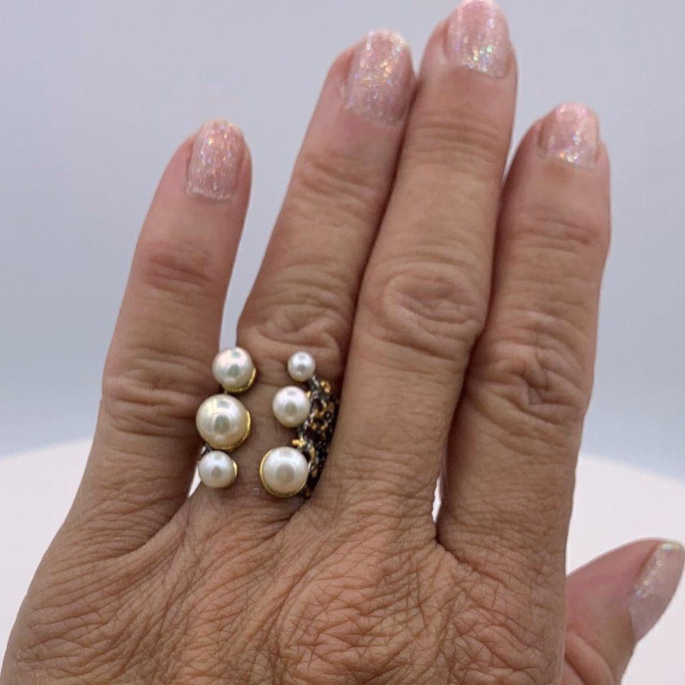Ring, NWOT, real pearls, 925 sterling silver, 22 K gold, adjustable, statement